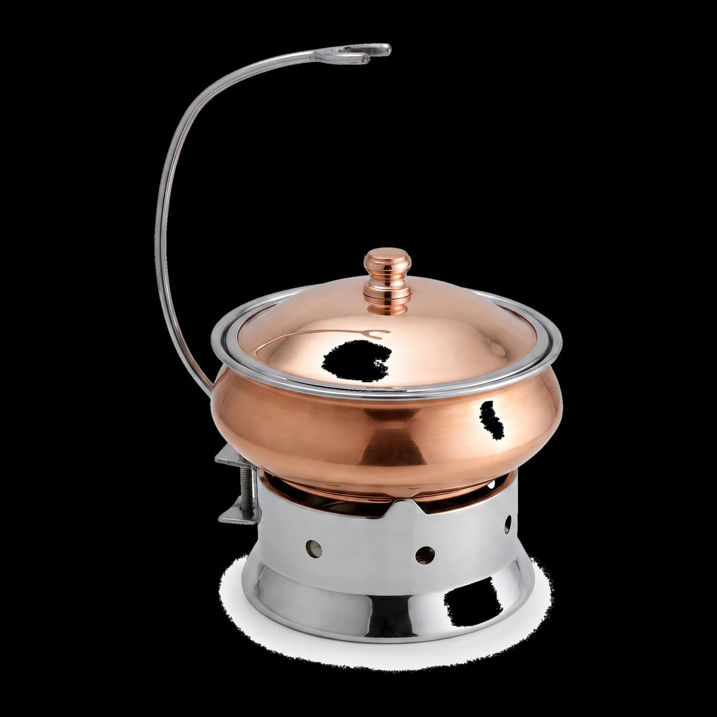 Copper handi with serving stand and stainless steel interior — traditional hotelware by Lotus Metal Works Pakistan