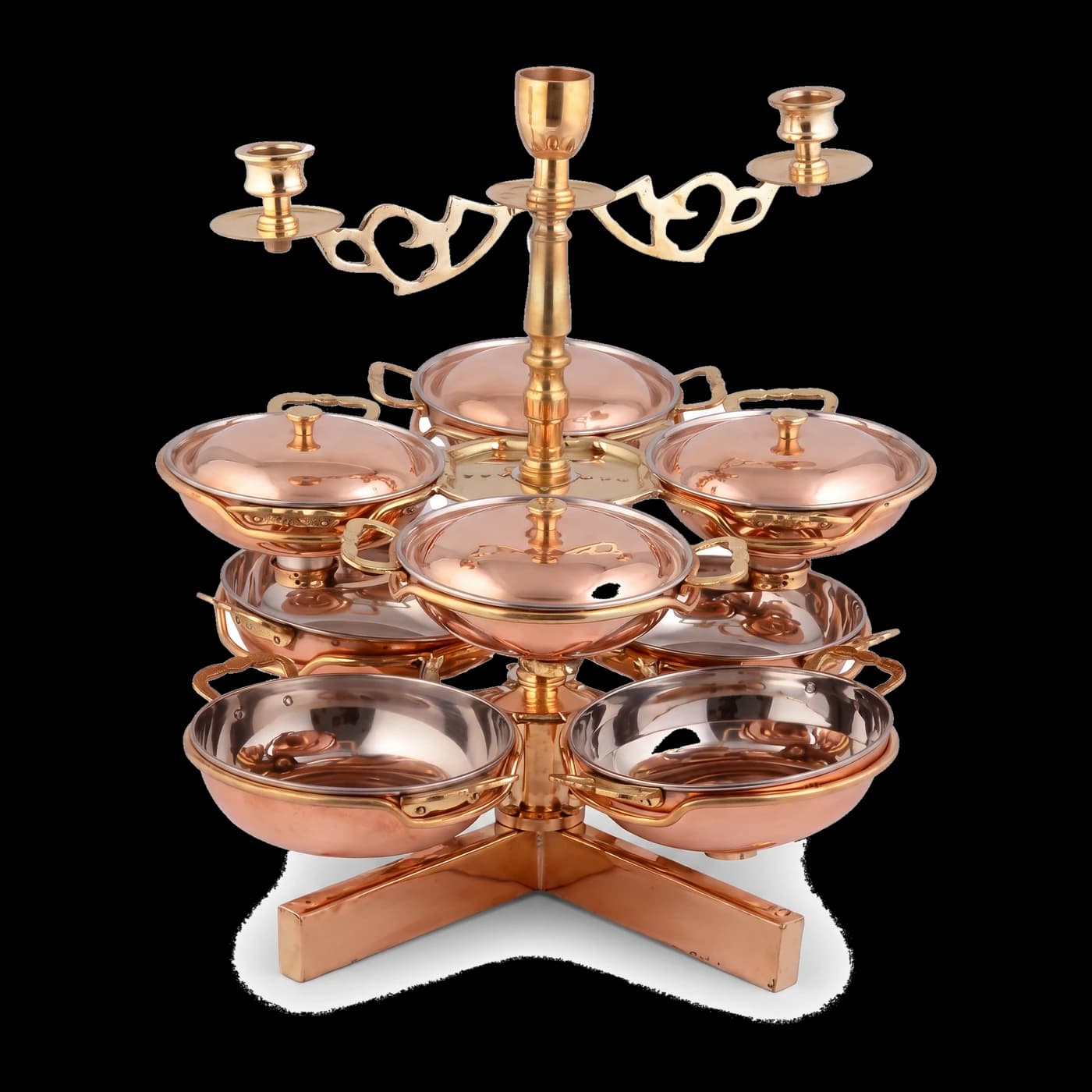 Copper revolving serving stand with 8 bowls and brass legs — luxury table service hotelware Lotus Metal Works Pakistan