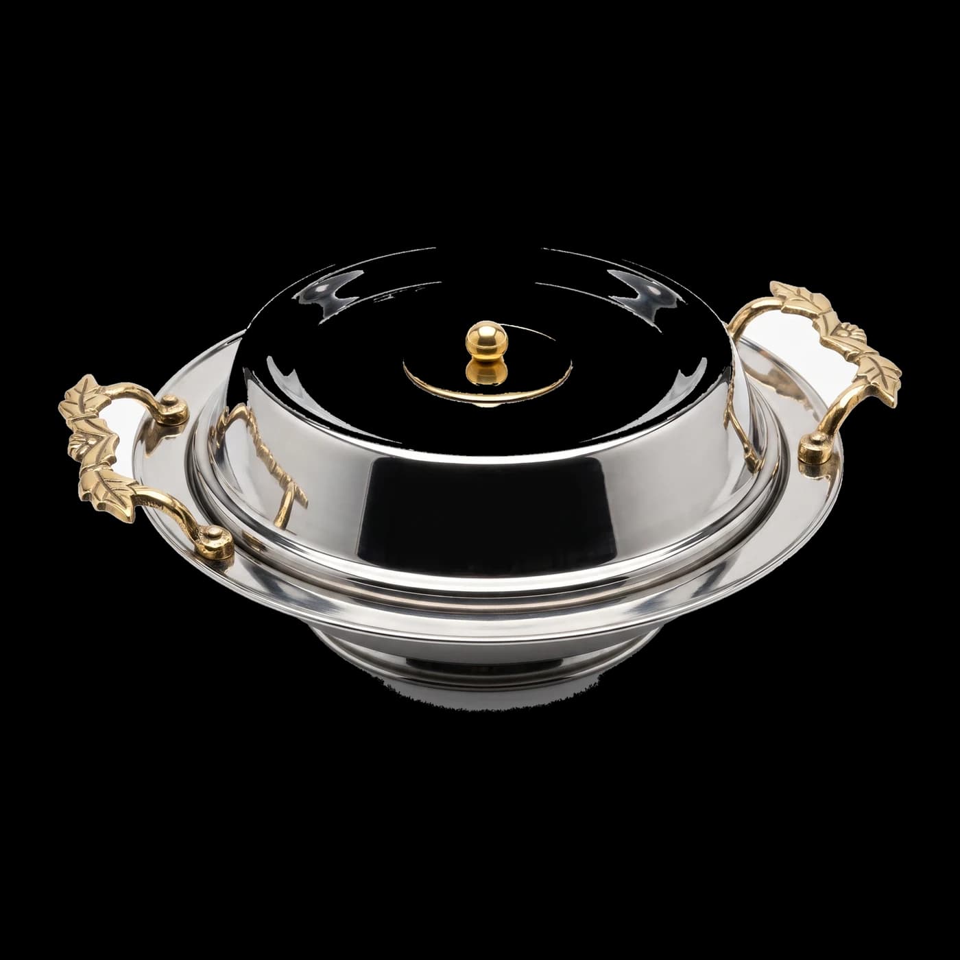 Mirror-polished stainless steel covered entrée dish with cast brass leaf handles and brass finial — Lotus Metal Works Pakistan hotelware