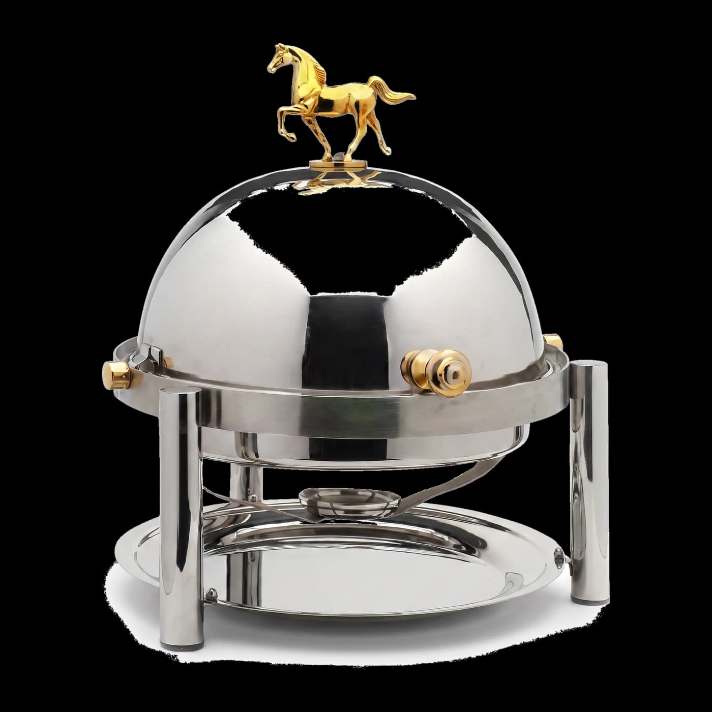 Round stainless steel chafing dish with brass horse figurine lid — luxury hotel buffet hotelware Lotus Metal Works Pakistan