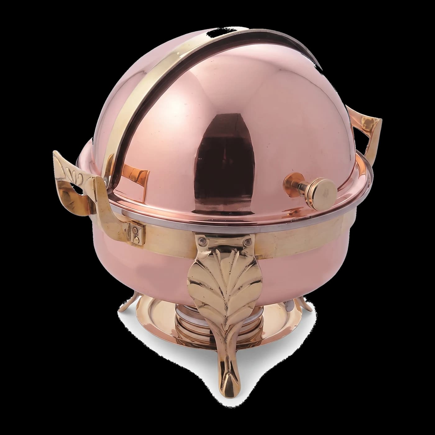 Round full copper chafing dish with half-sliding lid — premium hotel buffet hotelware Lotus Metal Works Pakistan