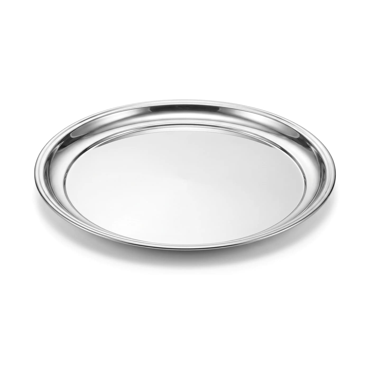 Mirror-polished round stainless steel serving tray with rolled bead rim and concave cove — Lotus Metal Works Pakistan hotelware