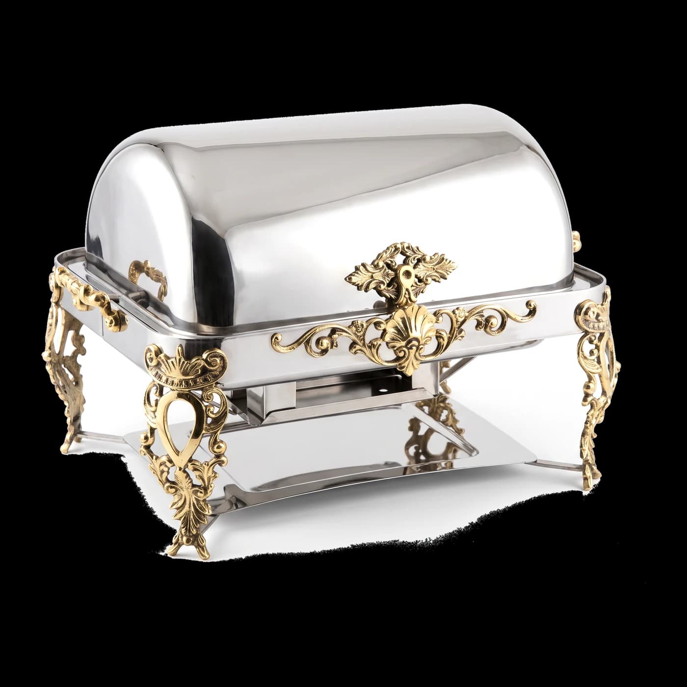 Rectangular stainless steel roll-top chafing dish with ornate cast brass scrollwork, crest and legs — Lotus Metal Works Pakistan hotelware