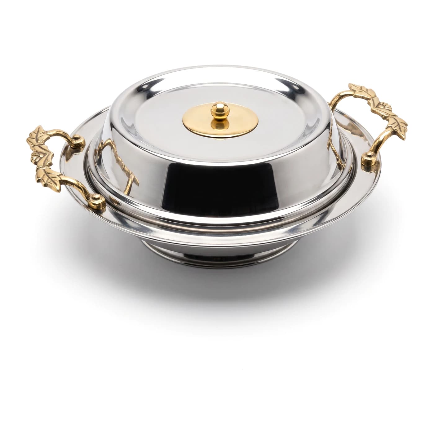 Mirror-polished stainless steel covered entrée dish with cast brass leaf handles and brass finial — Lotus Metal Works Pakistan hotelware