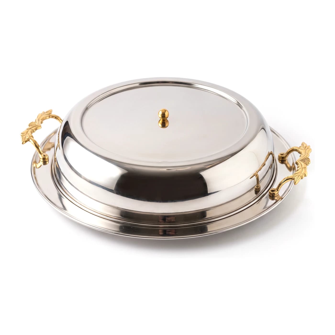 Mirror-polished stainless steel covered serving platter with brass ball finial and cast brass leaf handles — Lotus Metal Works Pakistan hotelware