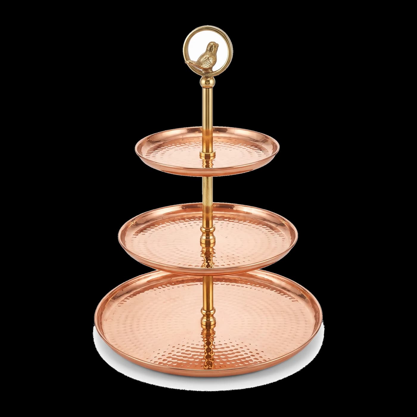 Three-tier hand-hammered copper serving stand with brass column, ring handle and bird finial — Lotus Metal Works Pakistan hotelware