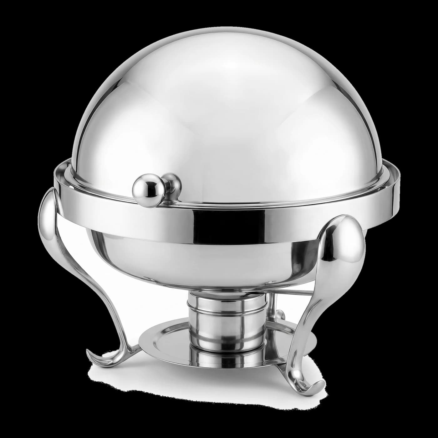 Mirror-polished round stainless steel roll-top chafing dish with ball knob and scroll legs — Lotus Metal Works Pakistan buffet equipment